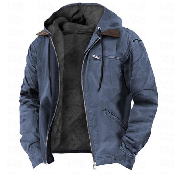 Solid Color Hooded Casual Men's Fleece Zipper Pocket Jacket Coat - Image 7