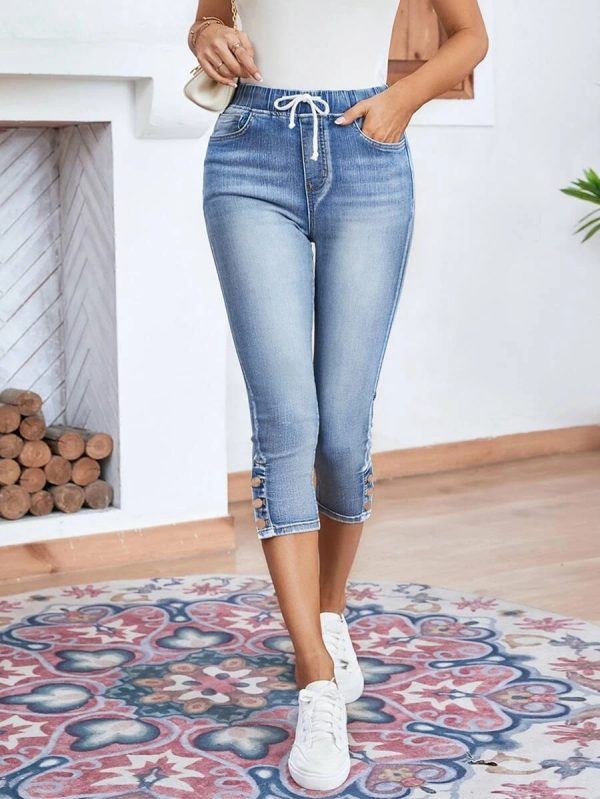 Elastic Waistband Lace-up Stretch Jeans For Women - Image 2