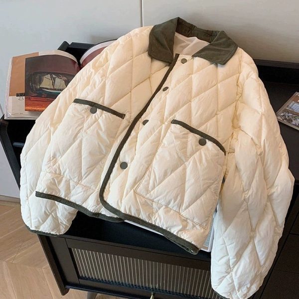 Classic Style Hit Color Diamond Lattice Lapel Cotton-padded Jacket - Image 2