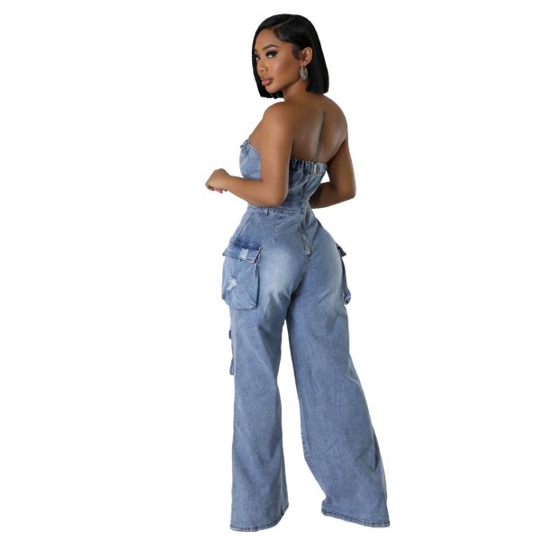 Women's Personality Slim Fit Backless Stretch Flared Sleeveless Denim Jumpsuit - Image 2