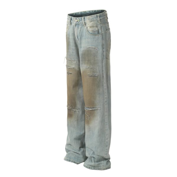 Women's American Retro Worn Design Loose Denim Trousers - Image 2