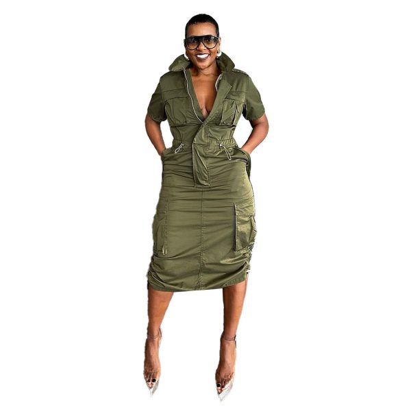 Multi-Pocket Workwear Drawstring Pocket Dress - Image 7