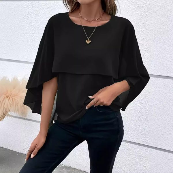 Women's All-match Round Neck Solid Color Layered Cape Sleeve Chiffon Shirt - Image 4