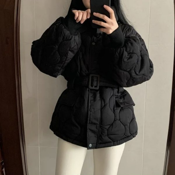 Women's Stand-up Collar Tie Long Sleeve Cotton Coat - Image 3