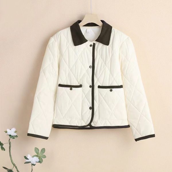 Classic Style Hit Color Diamond Lattice Lapel Cotton-padded Jacket
