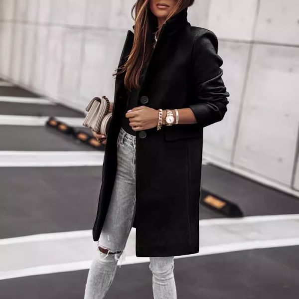 Autumn And Winter Simplicity Long Sleeve Button Woolen Coat - Image 2