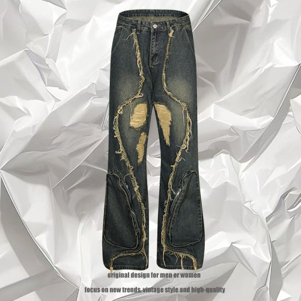 High Street Re-niche Deconstruction Tassel Hole Denim Men's Pants - Image 2