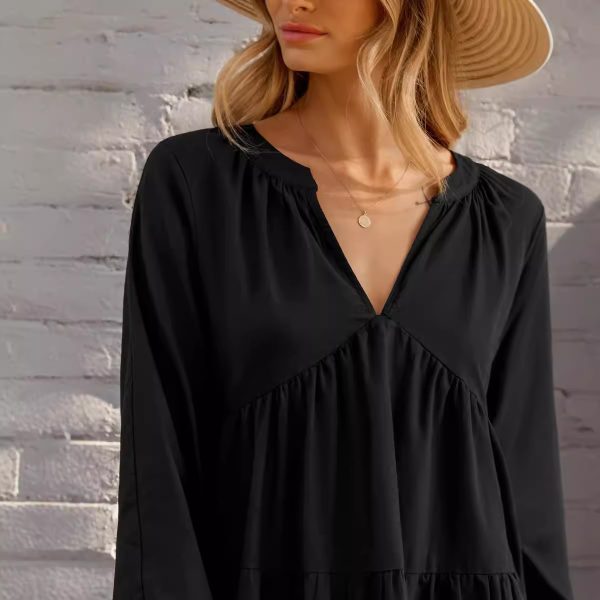 Black V-neck Long Sleeve Ruffled Hem Mini Dress - Image 2