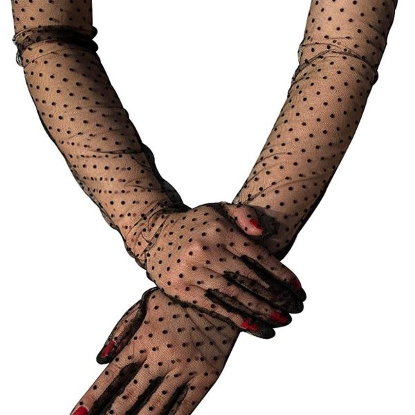 Ladies' Mesh Sleeve Cover Black Flying Polka Dot Tulle Gloves - Image 3