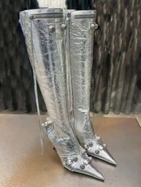 Stiletto Heel Pointed-toe Side Zip Metal Rivet Boots - Image 7