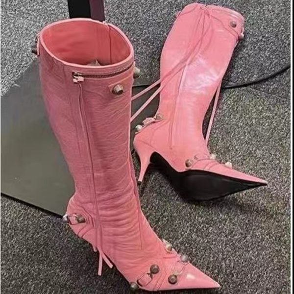 Stiletto Heel Pointed-toe Side Zip Metal Rivet Boots - Image 2