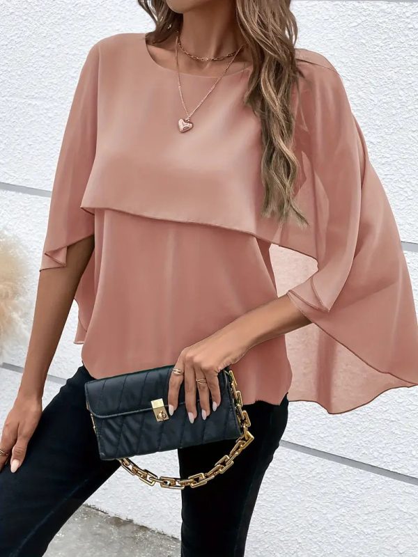 Women's All-match Round Neck Solid Color Layered Cape Sleeve Chiffon Shirt - Image 6
