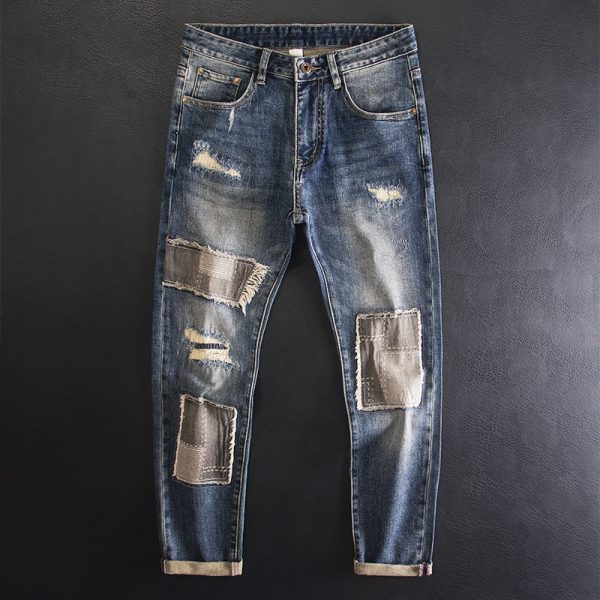 Retro Beggar Ripped Patch Jeans For Men - Image 6