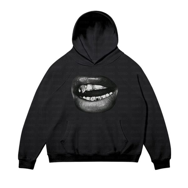 Retro Casual Simple Lip Printings Hoodie For Women - Image 5