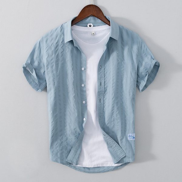 Leisure Dark Striped Thin Short Sleeve Pure Cotton Shirt - Image 7