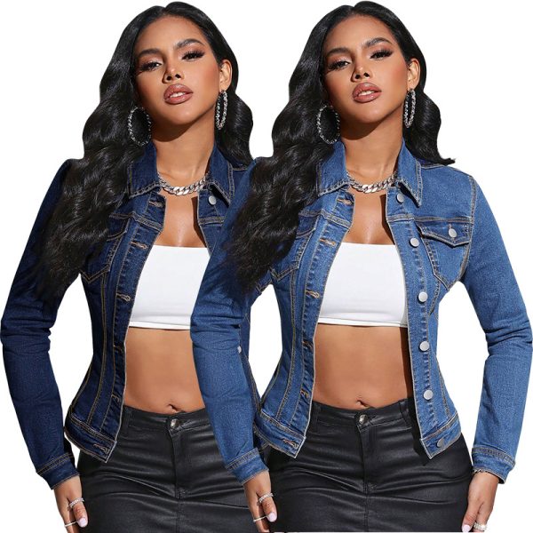 Long Sleeve Lapel Pocket Denim Jacket - Image 2