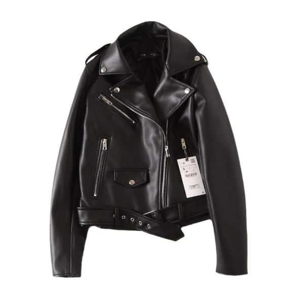 Women's Black PU Leather Zip Jacket - Image 4