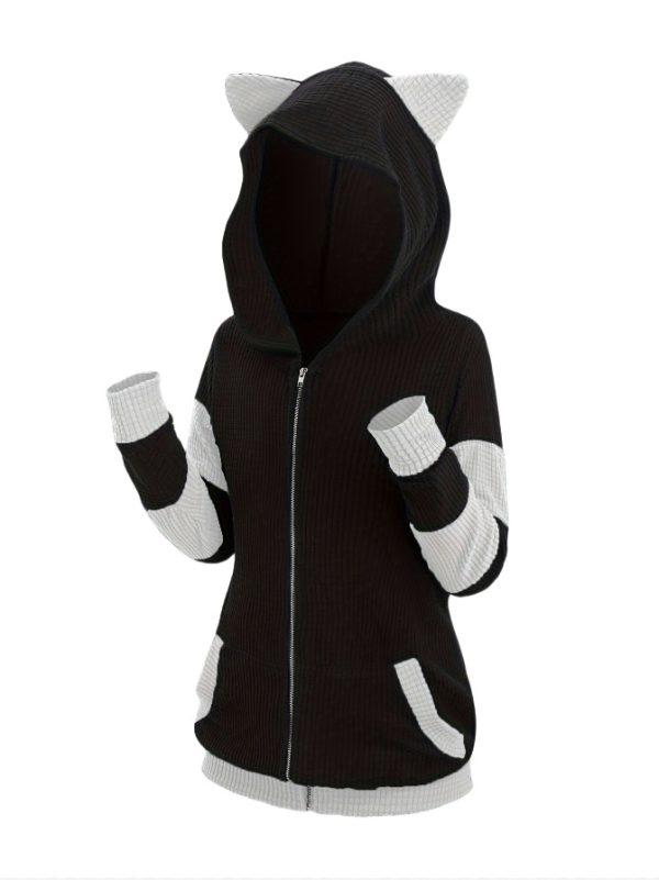 Women's Thickened Cat Ear Zipper Color Stitching Hoodie - Image 7