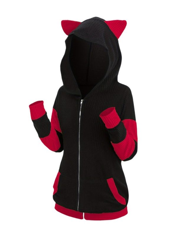 Women's Thickened Cat Ear Zipper Color Stitching Hoodie - Image 8