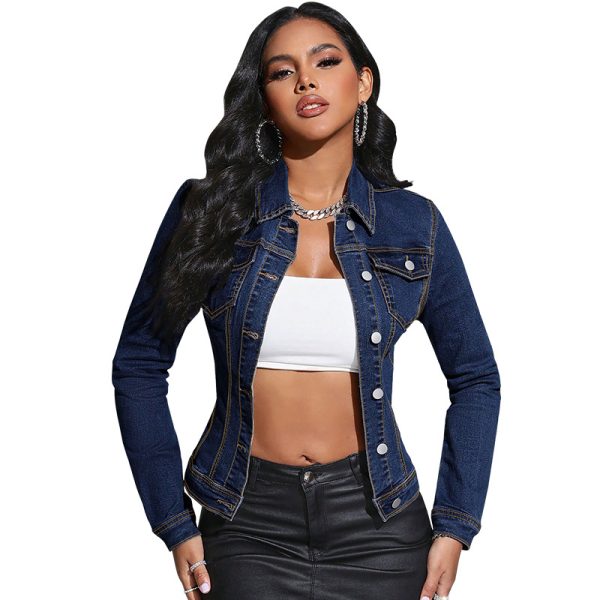 Long Sleeve Lapel Pocket Denim Jacket - Image 7