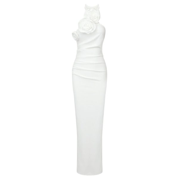 New Style White Ribbon Flower Halter Long High Sense Dress - Image 5