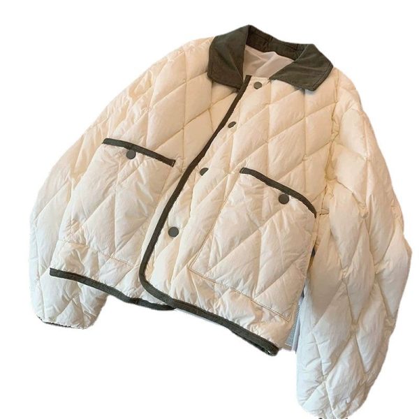 Classic Style Hit Color Diamond Lattice Lapel Cotton-padded Jacket - Image 5