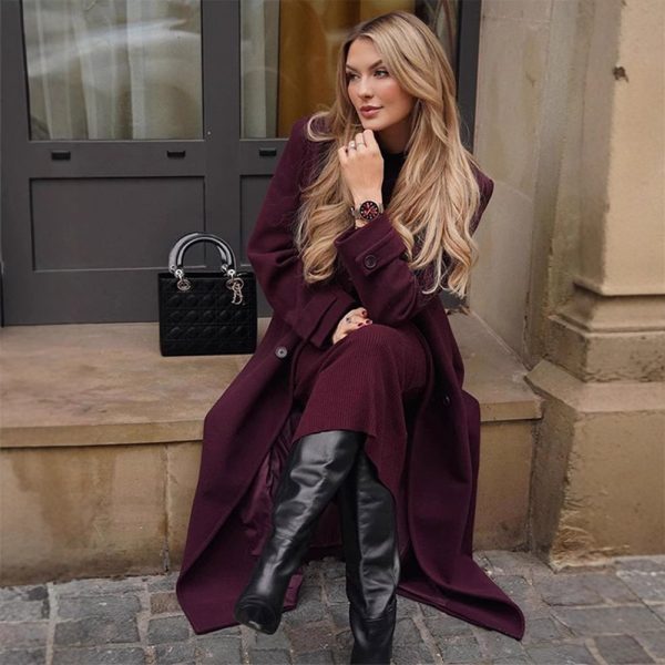 Women's Fashion Lace-up Woolen Trench Coat - Image 2