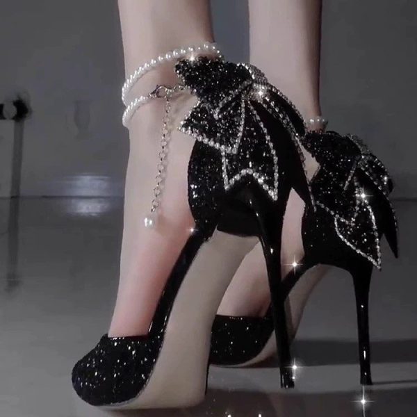 Pointed Toe Shallow Mouth Black Paillette Bow High Heels For Women - Image 3