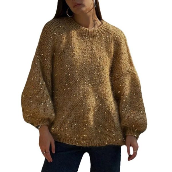European And American Loose Round Neck Fashion Sequined Mohair Sweater Lantern Sleeve - Image 5