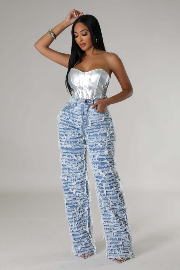Women's High Waist Edging Ripped Tassel Loose Denim Straight-leg Pants - Image 6