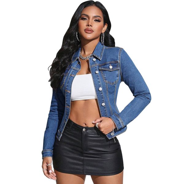 Long Sleeve Lapel Pocket Denim Jacket - Image 6