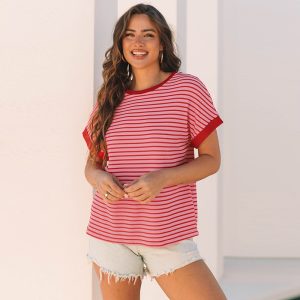 Women's Loose Striped Knitted Short-sleeved T-shirt