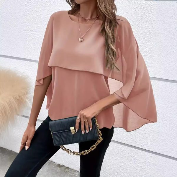 Women's All-match Round Neck Solid Color Layered Cape Sleeve Chiffon Shirt - Image 2