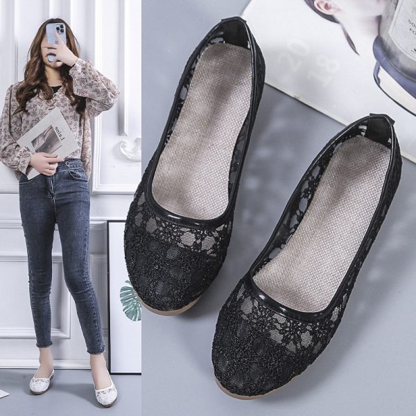 Lace Mesh Hollow Round Toe Shallow Mouth Mom Shoes - Image 2