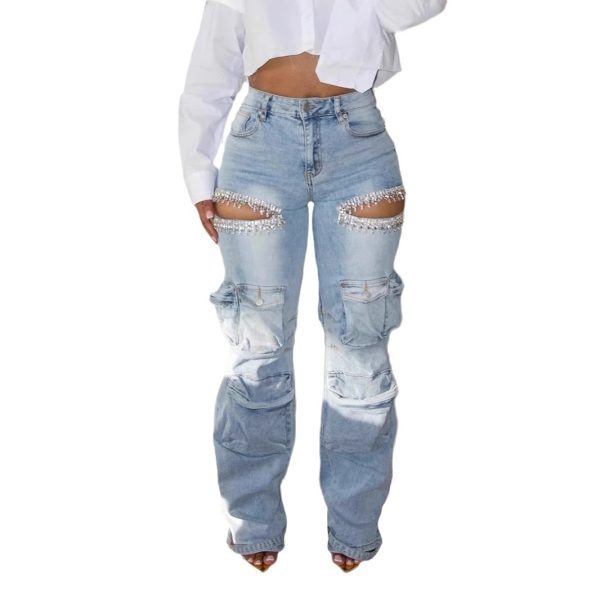Women's Hollow-out Diamond Decorations Workwear Multi-pocket Stretch Jeans - Image 5