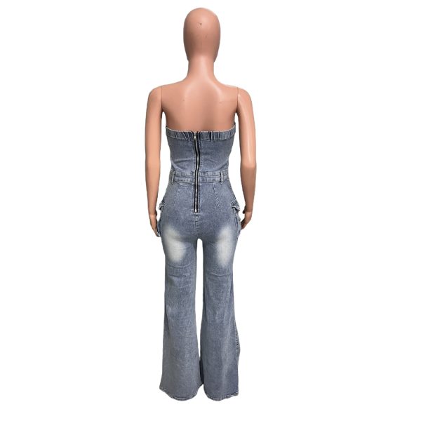 Women's Personality Slim Fit Backless Stretch Flared Sleeveless Denim Jumpsuit - Image 5