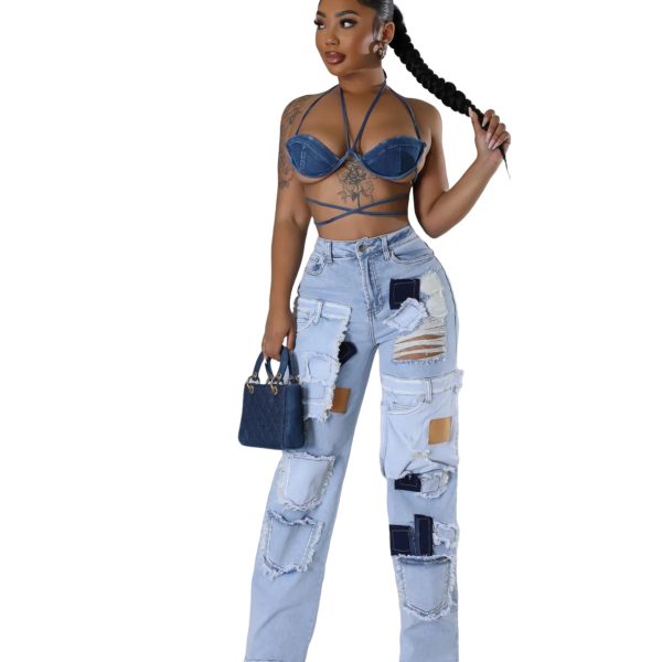Casual Printed Patch Hole Denim Straight-leg Pants - Image 5