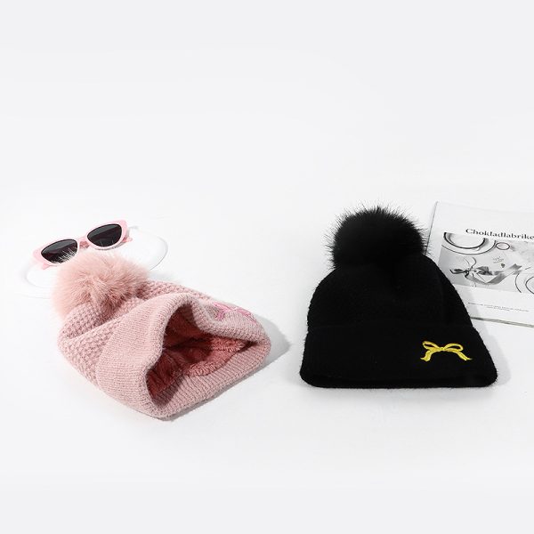 Bow Embroidery Velvet Knitted Woolen Cap - Image 3