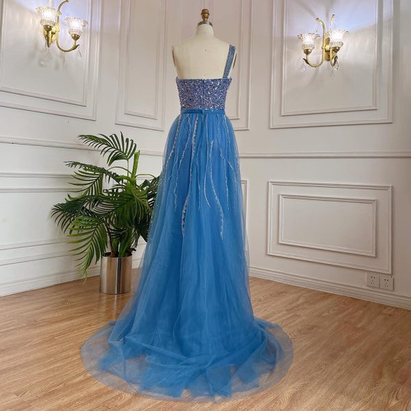 Blue Handmade Beaded Split Shoulder Fishtail Dress - Image 4