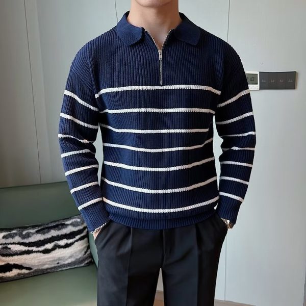 Design Half Zipper Striped Sweater For Men - Image 7