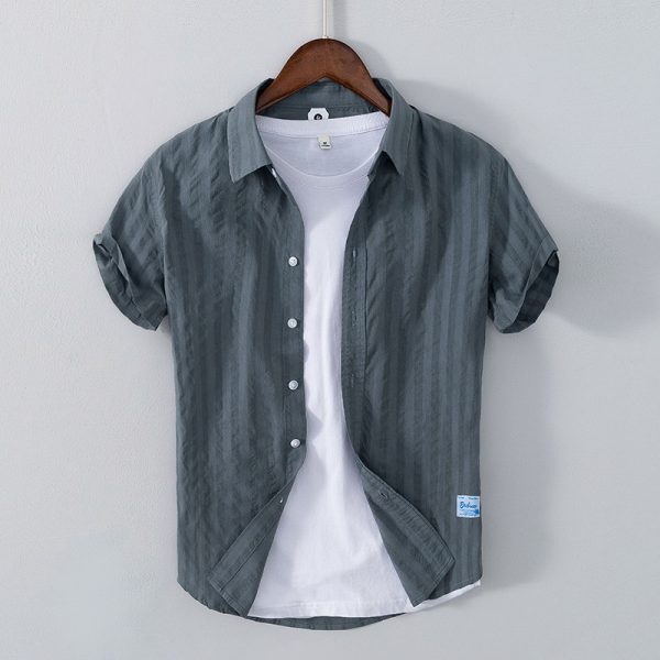 Leisure Dark Striped Thin Short Sleeve Pure Cotton Shirt - Image 3