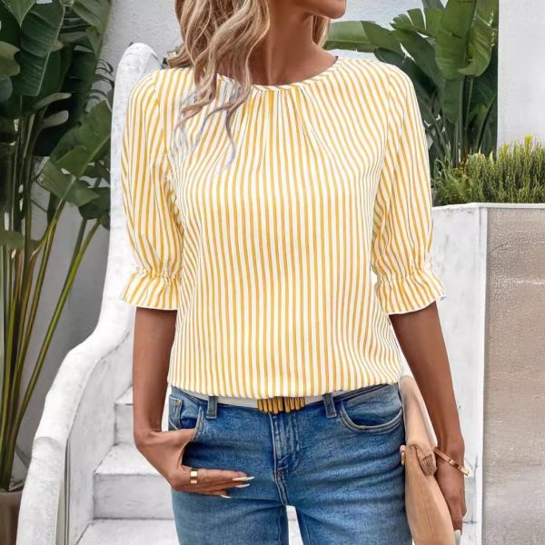 European And American Fashion Blue Striped Button Design Shirt Top - Image 4