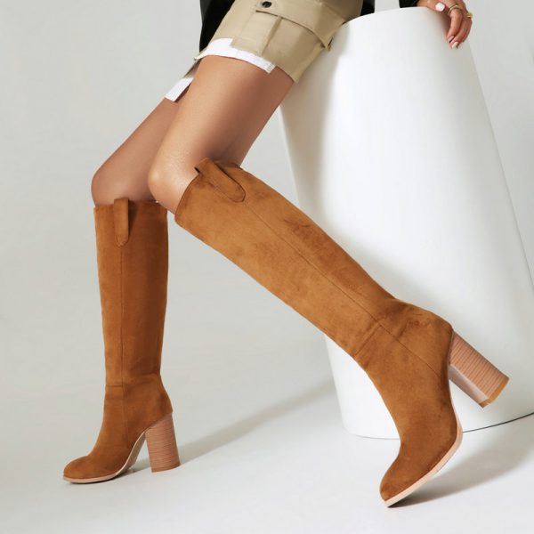 Long Boots Female Suede Chunky Heel Round Toe - Image 2