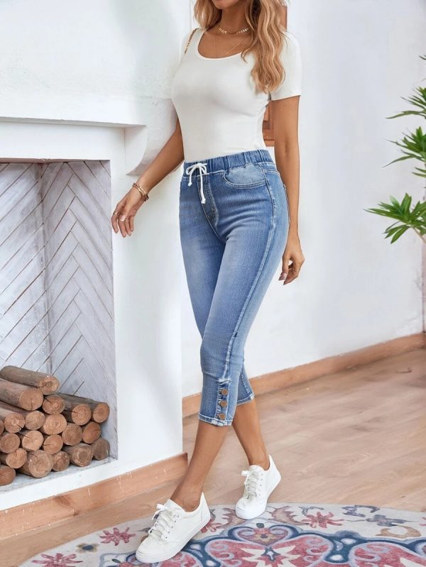 Elastic Waistband Lace-up Stretch Jeans For Women - Image 3