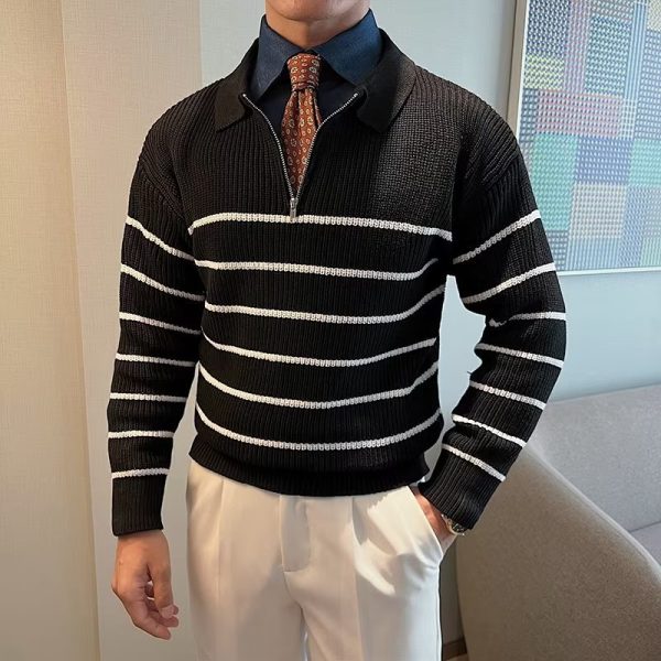 Design Half Zipper Striped Sweater For Men - Image 3