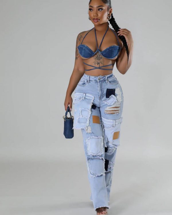 Casual Printed Patch Hole Denim Straight-leg Pants - Image 6