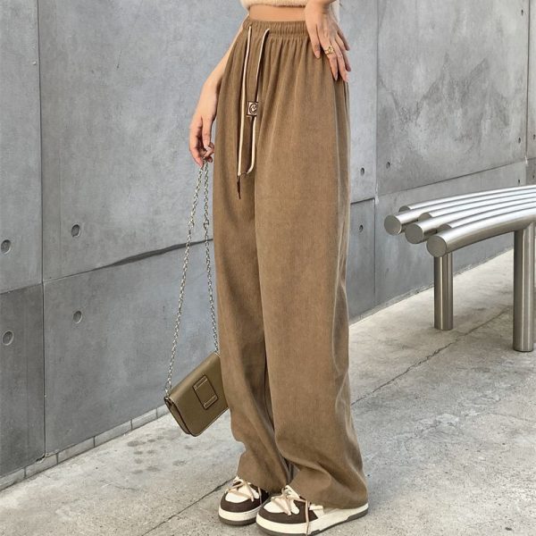 Corduroy Double Drawstring Wide Leg Pants High Waist Casual Straight Pants - Image 2