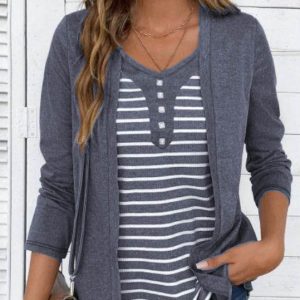 Women's Striped V-neck Fake Two-piece Design Long Sleeved Versatile T-shirt Top