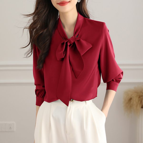 Acetate Satin Bow Shirt Women's Long Sleeve