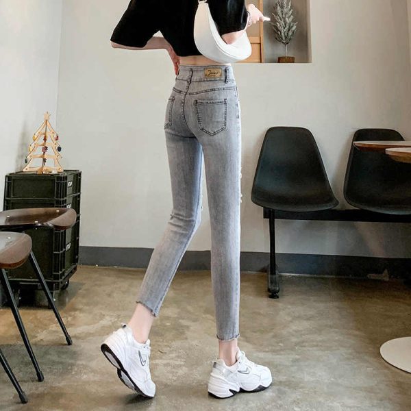 Women's Thin High Waist Ripped Light Gray Jeans - Image 6